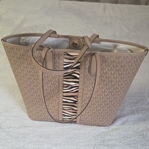 Michael Kors Beige MK Logo Tote with Zebra Stripe Accent